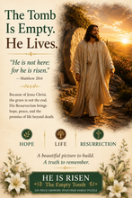 Load image into Gallery viewer, He Is Risen artwork showing Jesus beside the empty tomb, with a quotation from Matthew 28:6.