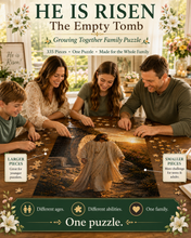 Load image into Gallery viewer, Parents and children assembling He Is Risen, with larger pieces on one side and smaller pieces on the other.