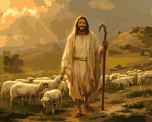 Load image into Gallery viewer, Figure in biblical attire standing among sheep in a pastoral landscape
