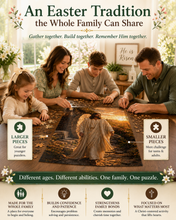Load image into Gallery viewer, Family assembling He Is Risen together as an Easter activity, with large and small sections labeled.
