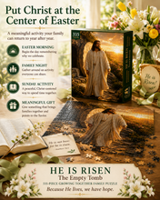 Load image into Gallery viewer, He Is Risen puzzle and box displayed with spring flowers and an open scripture book.
