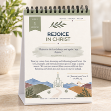 Load image into Gallery viewer, Week 1 thought page in the Rejoice in Christ flipbook, featuring Philippians 4:4 and temple artwork
